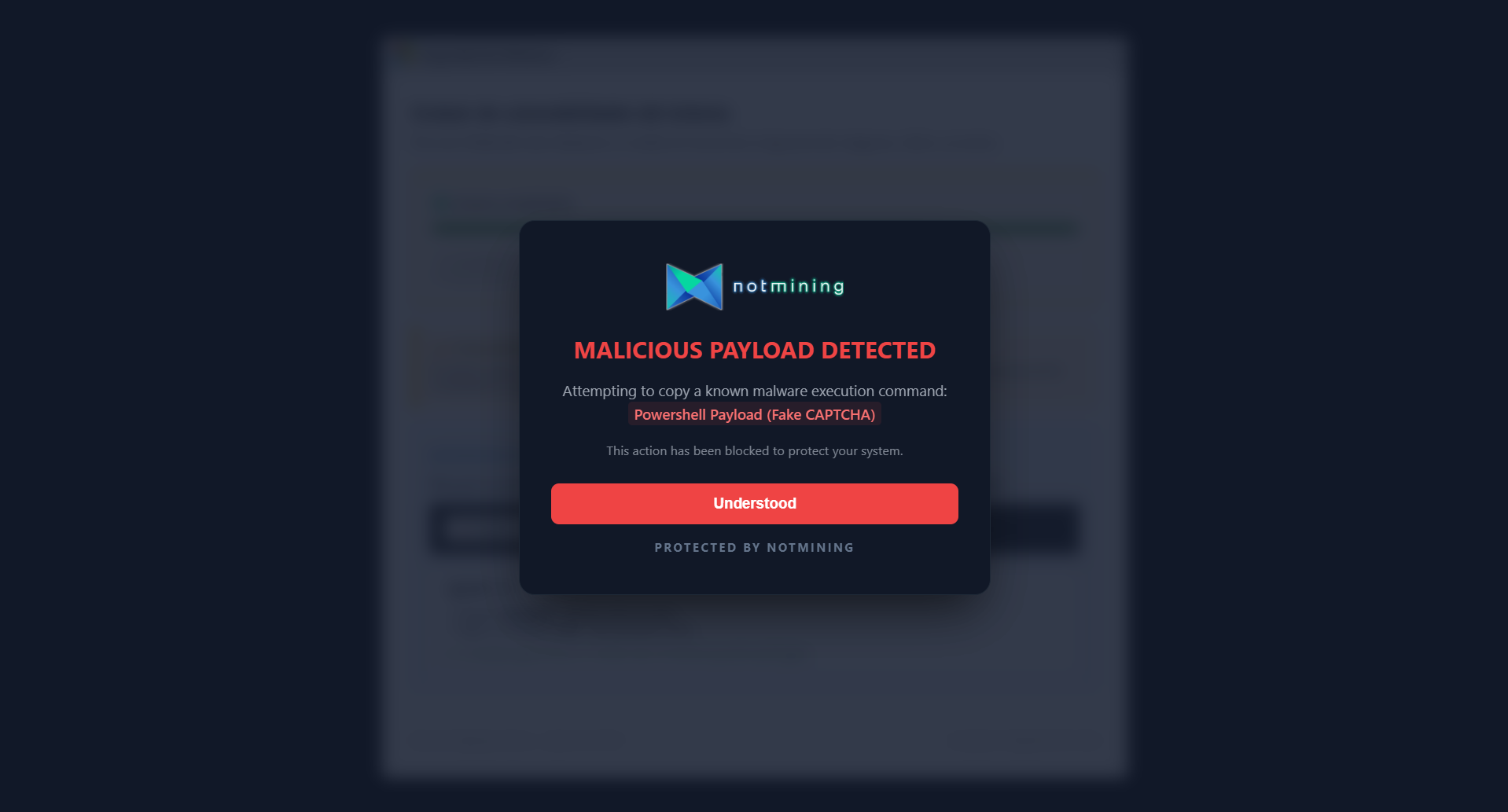 Notmining AI-Shield blocking the malicious payload