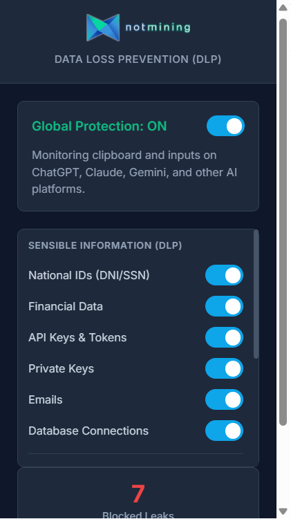 Notmining AI Shield user panel